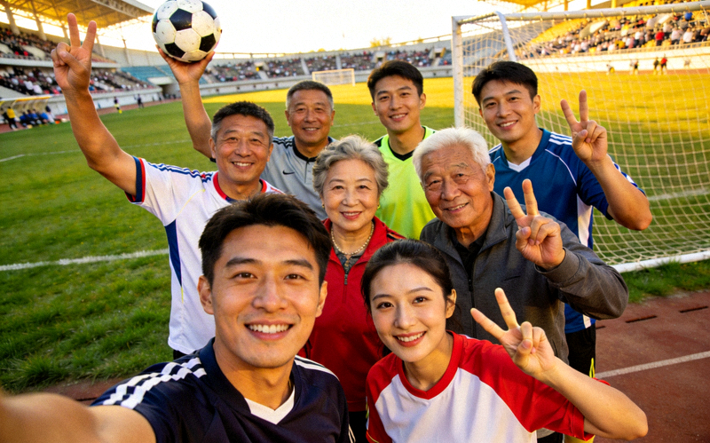 一群不同年龄的草根足球爱好者在球场边开心合影